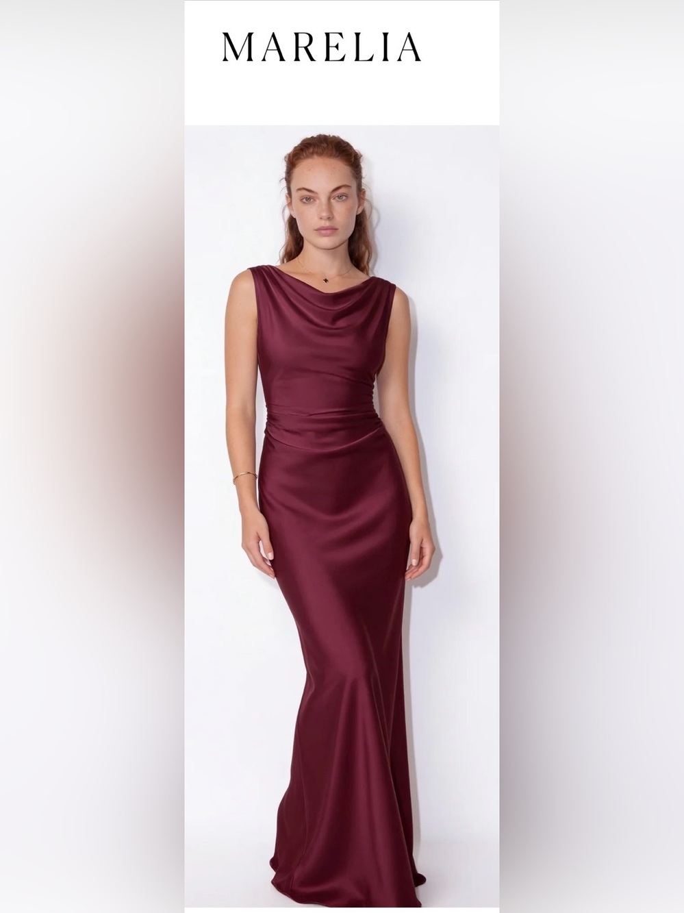 NWOT L Marelia Burgundy Satin Cowl Neck Evening Gown